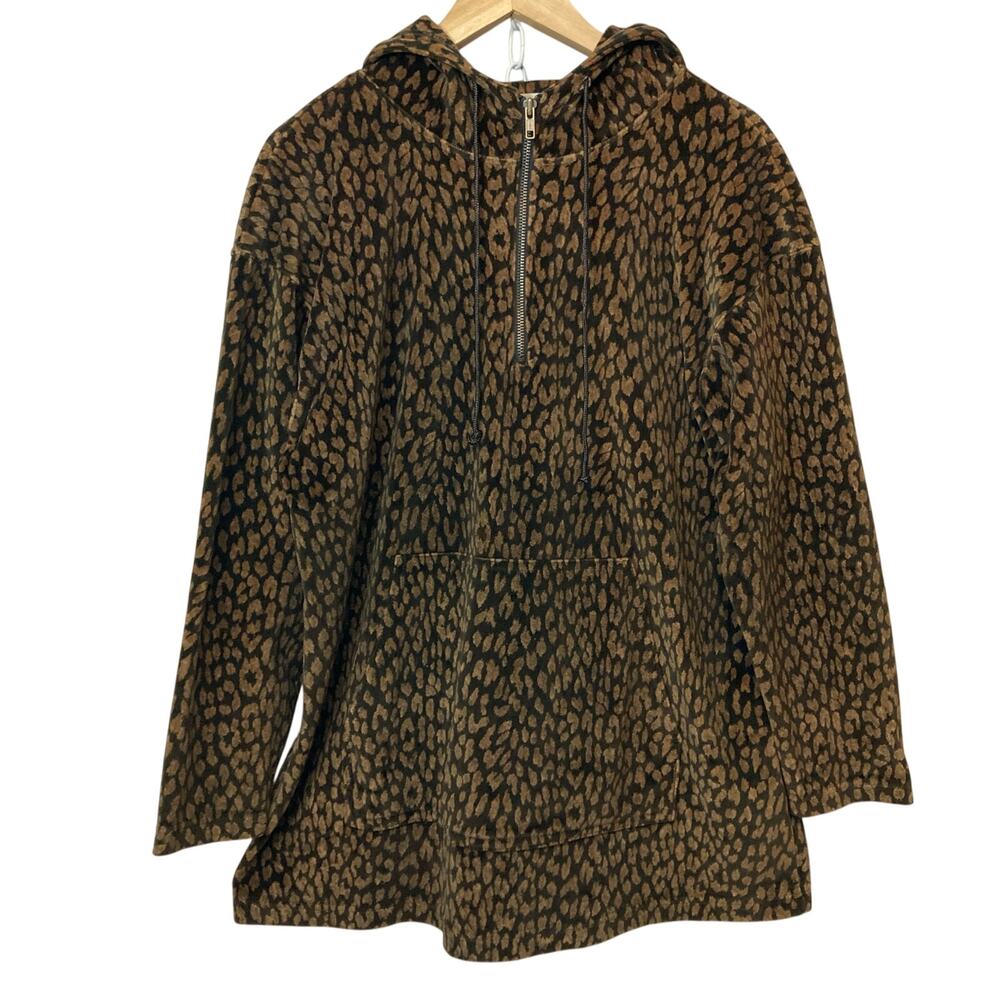 Jones New York Velour Glamour Leopard Print Half Zip Hooded Long Sweatshirt